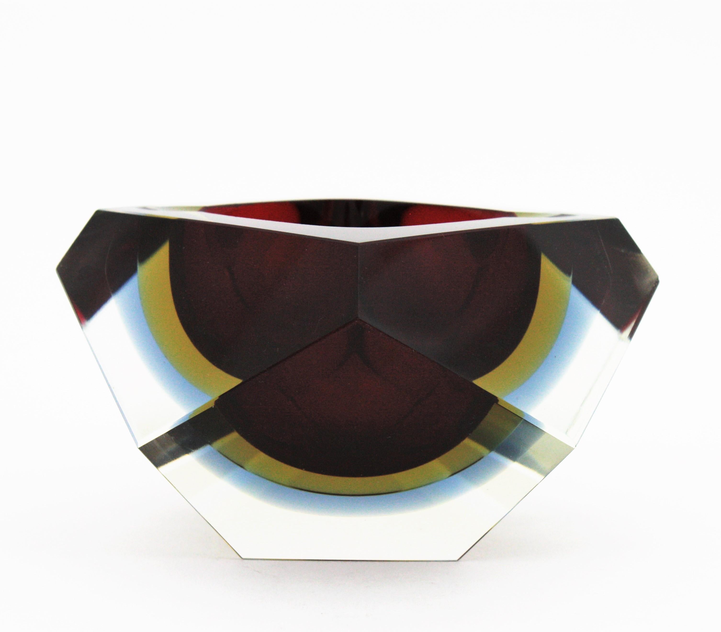 Flavio Poli Seguso Red Yellow Blue Sommerso Faceted Murano Glass Bowl 2