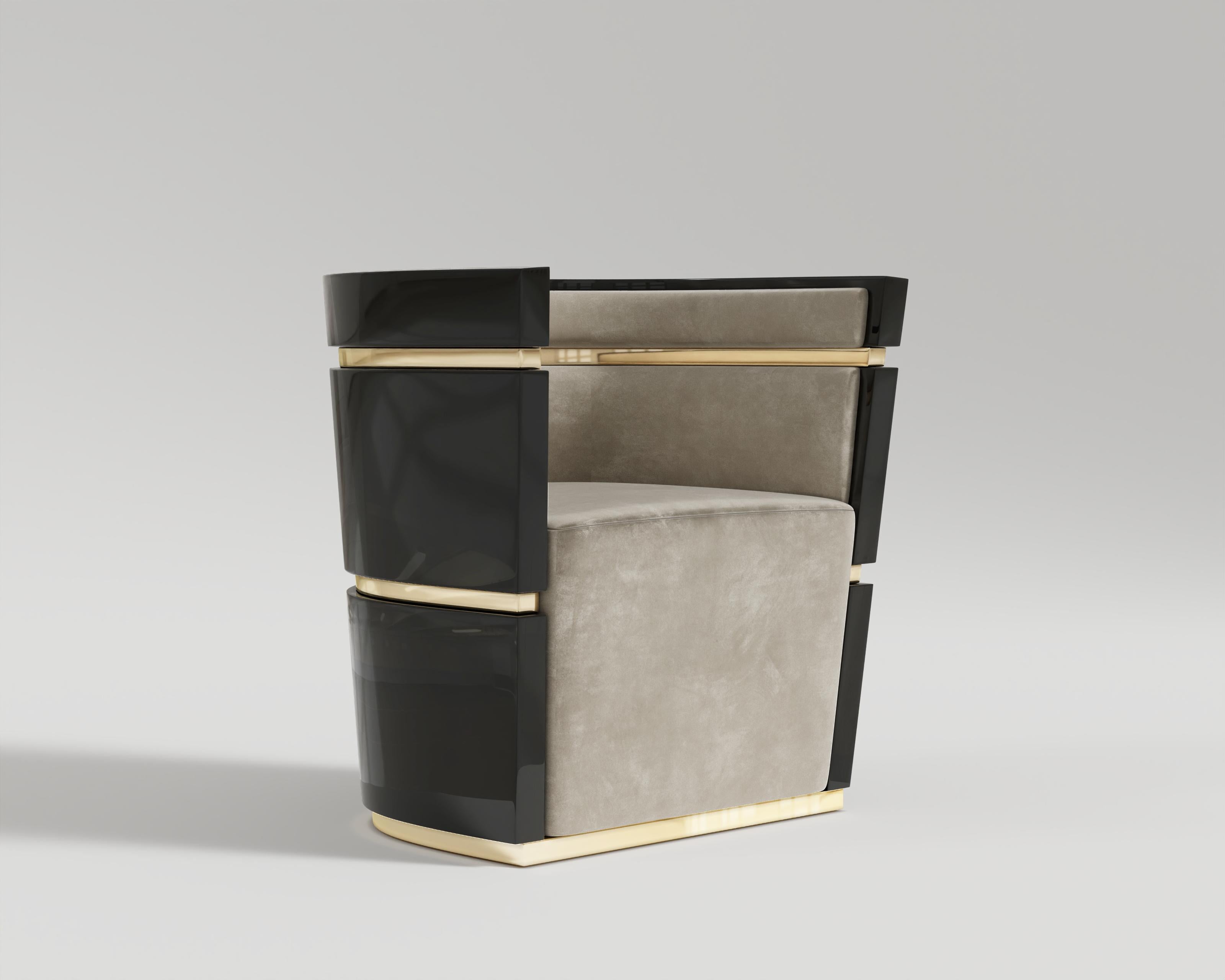 Flavius Esszimmerstuhl aus schwarzem Lack und polierter Bronze von Palena Furniture (Art déco) im Angebot