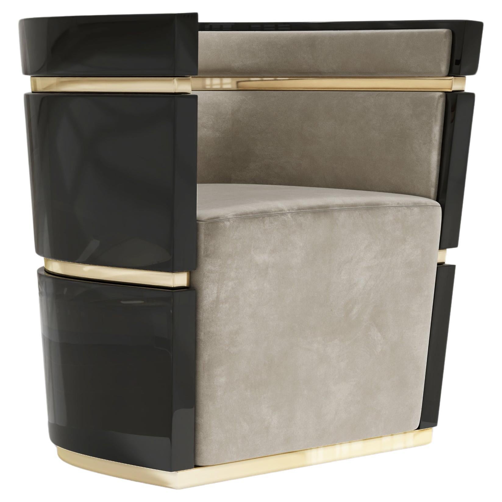 Chaise de salle à manger Flavius laquée noire et bronze poli par Palena Furniture en vente