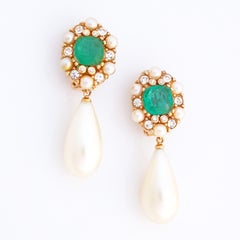Flawed Emerald Art Glass With Crystal & Pearl Halo Drop Earrings By Ciner, 1960s