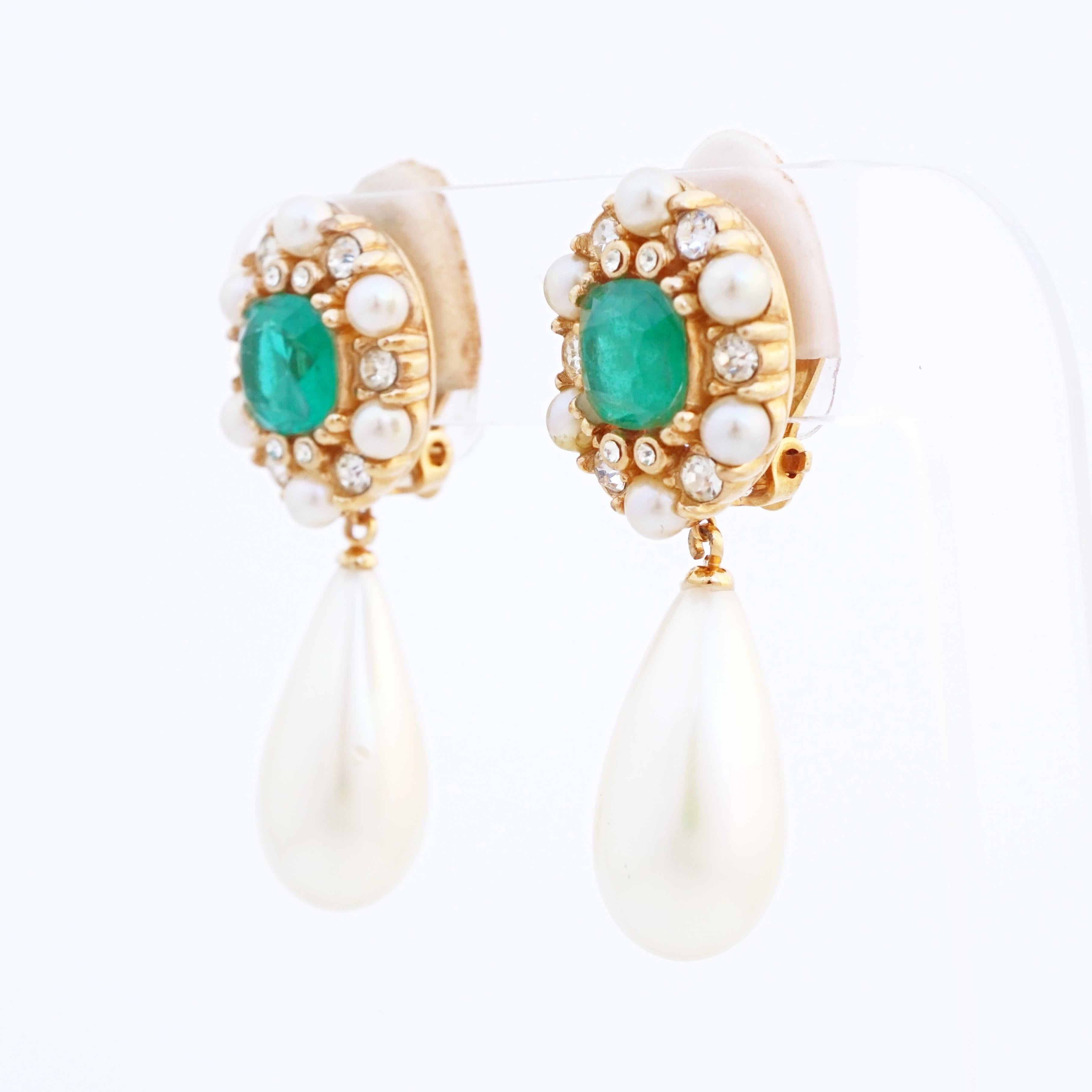 Modern Flawed Emerald Art Glass With Crystal & Pearl Halo Drop Earrings By Ciner, 1960s