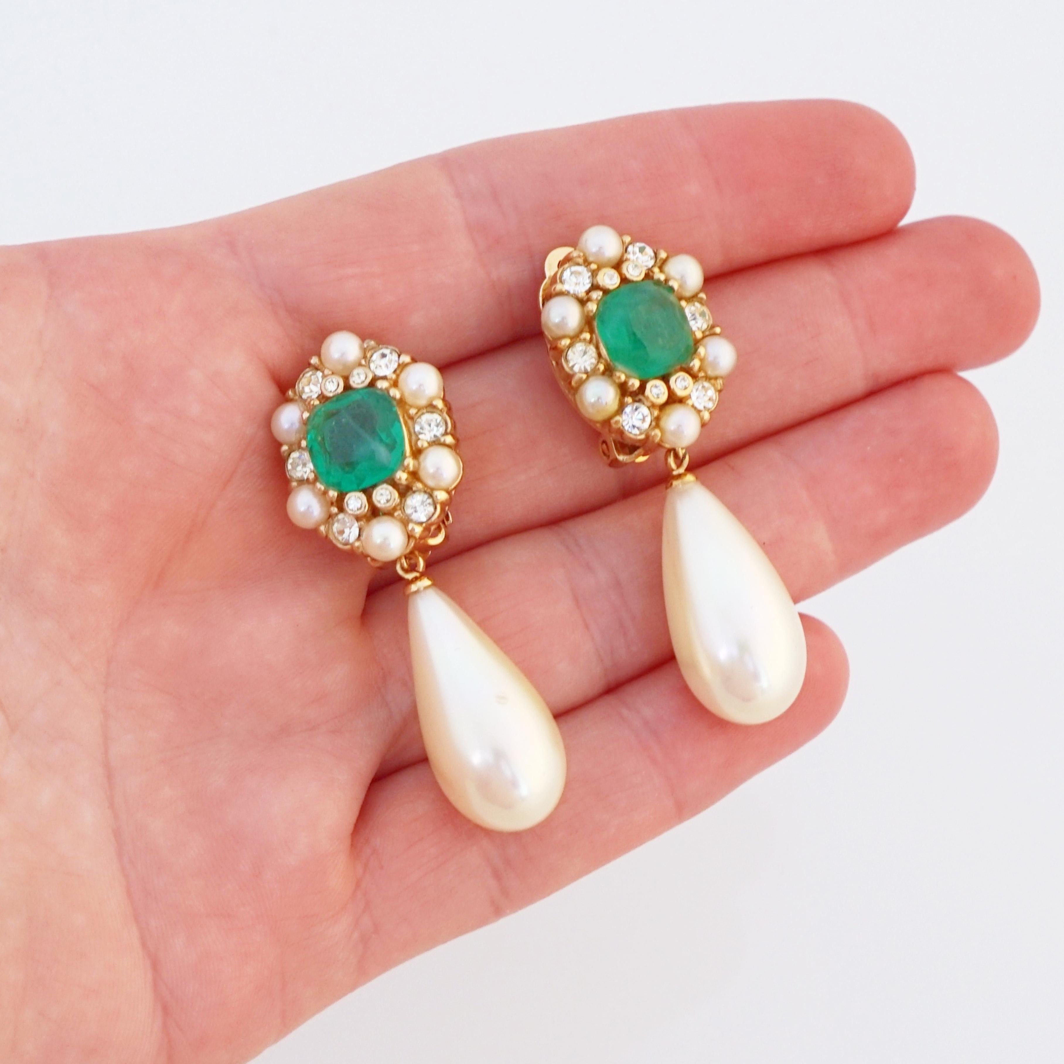 Women's Flawed Emerald Art Glass With Crystal & Pearl Halo Drop Earrings By Ciner, 1960s
