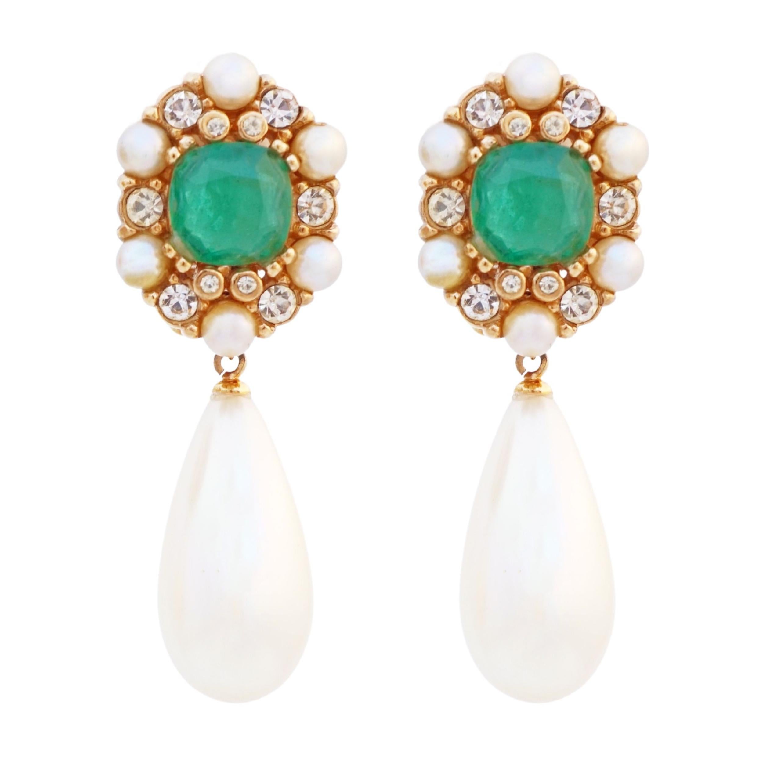 Flawed Emerald Art Glass With Crystal & Pearl Halo Drop Earrings By Ciner, 1960s