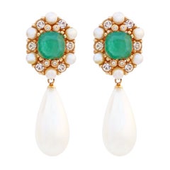 Retro Flawed Emerald Art Glass With Crystal & Pearl Halo Drop Earrings By Ciner, 1960s