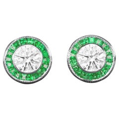 Flawless Art Deco Style Emerald GIA Certified Round Brilliant Cut Diamond Studs