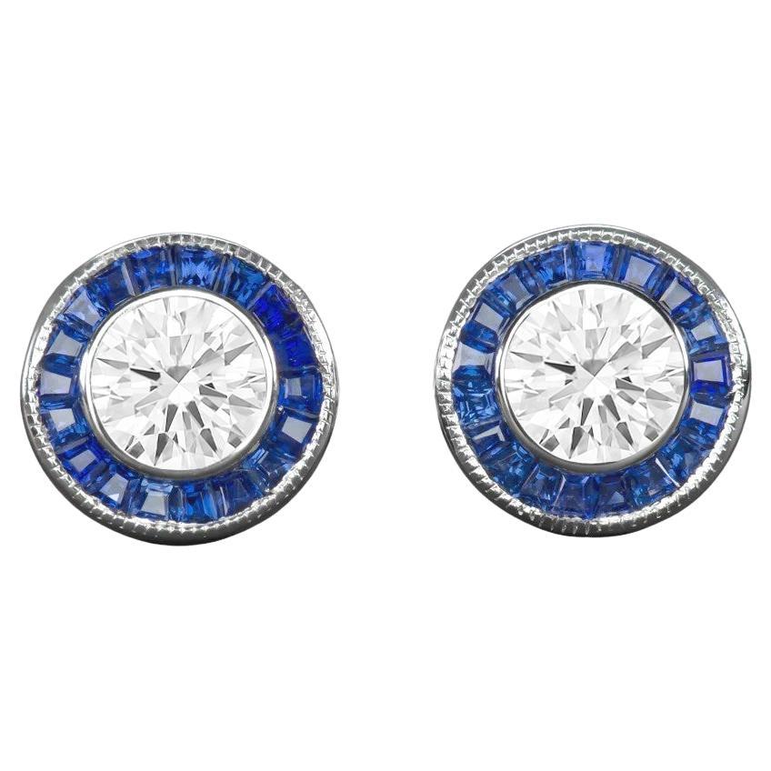 Flawless Art Deco Style Sapphires GIA Certified Round Brilliant Diamond Studs 
