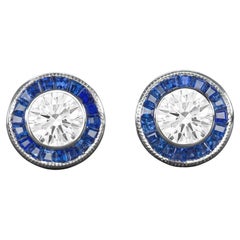 Flawless Art Deco Style Sapphires GIA Certified Round Brilliant Diamond Studs 