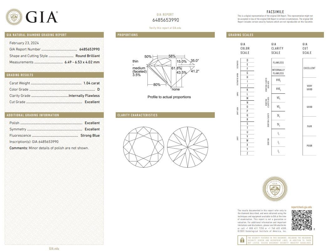 Flawless Brilliance: 1.04 ct Ideal Cut Round Diamond - GIA Certified

Step into a realm of pristine beauty with this flawless 1.04-carat round diamond, the epitome of diamond perfection. Accompanied by a GIA certificate, this diamond's exceptional