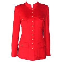 Chanel Red Cashmere Mandarin Chinese Collar Signature Jacket Blazer