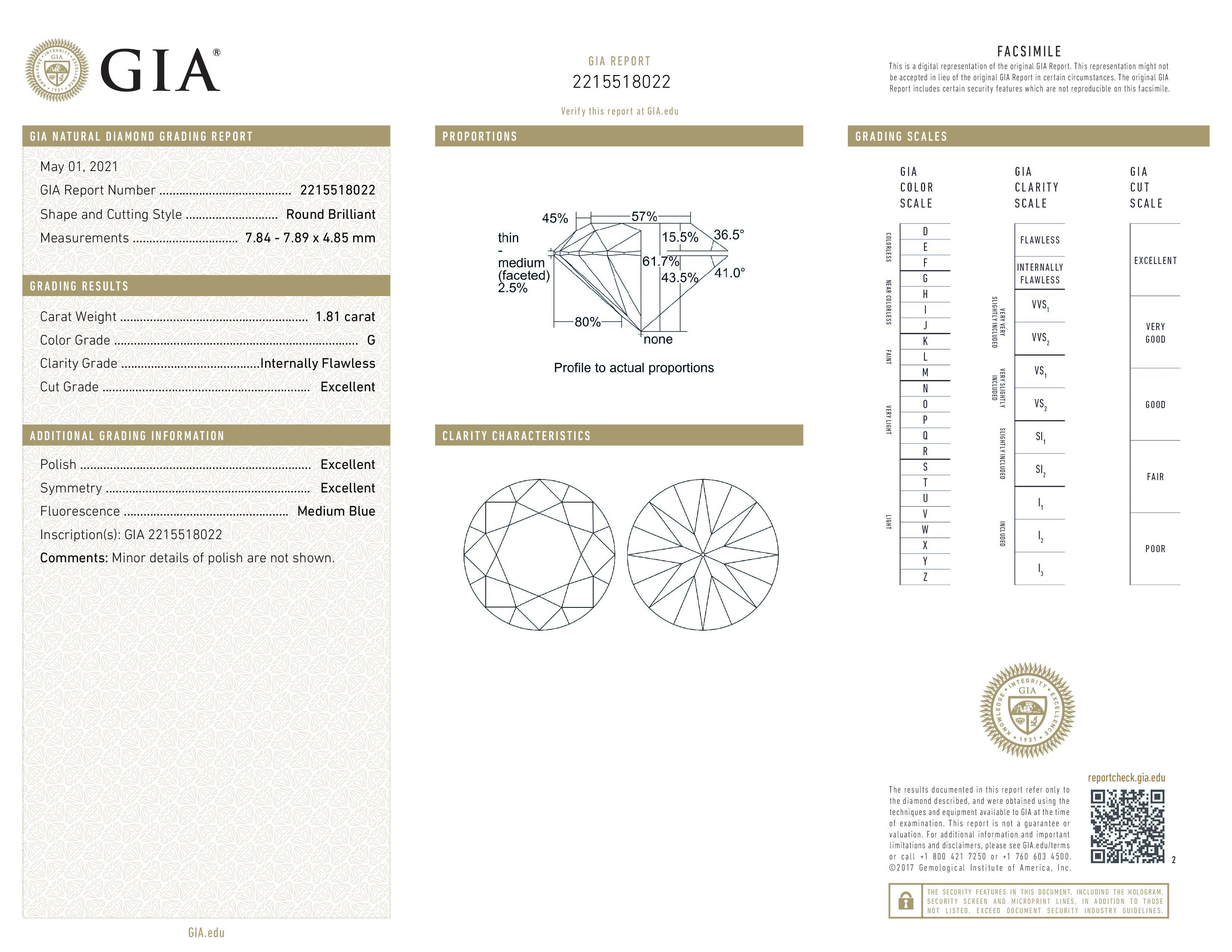 FLAWLESS GIA Certified 1.80 Carat Round Brilliant Cut Diamond Platinum Ring In New Condition In Rome, IT