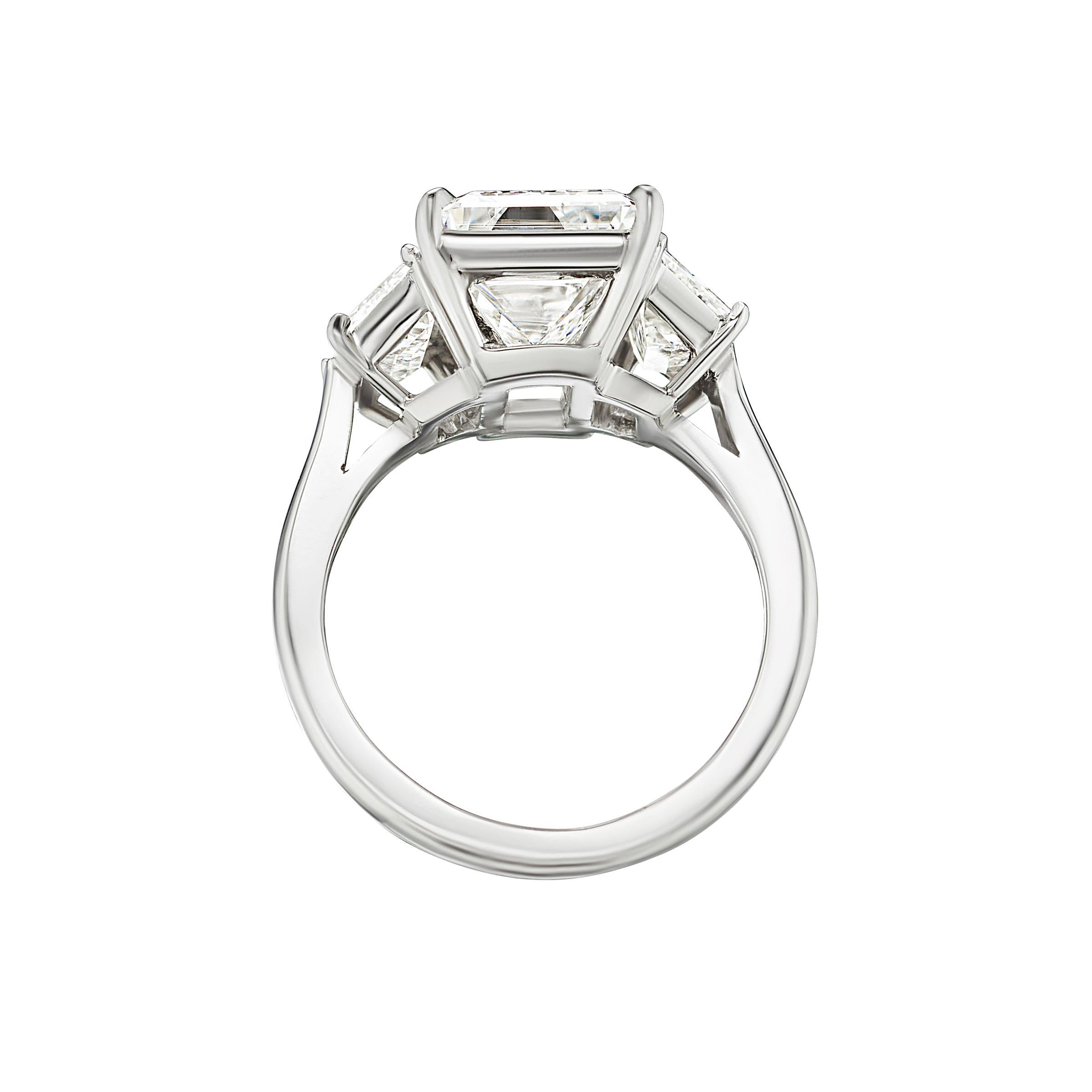 Antinori Fine Jewels is proud to offer this important and impressive 4.82 carat GIA certified Internally Flawless E Color Emerald cut diamond ring.

This beautiful and rare three-stone ring showcasing a flawless yes flawless! clarity emerald cut