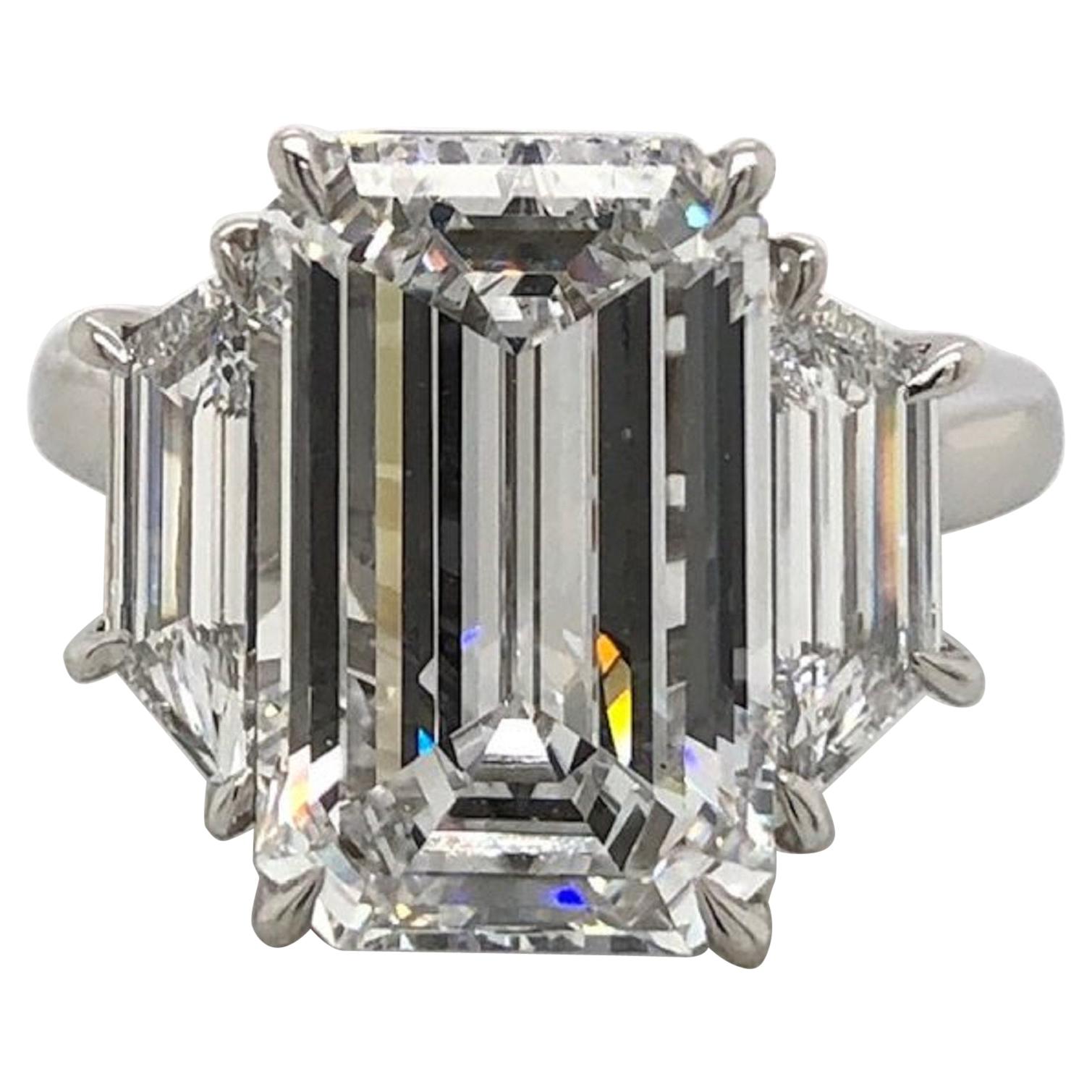 Flawless GIA Certified 4 Carat Emerald Cut Three Stone Engagement Ring