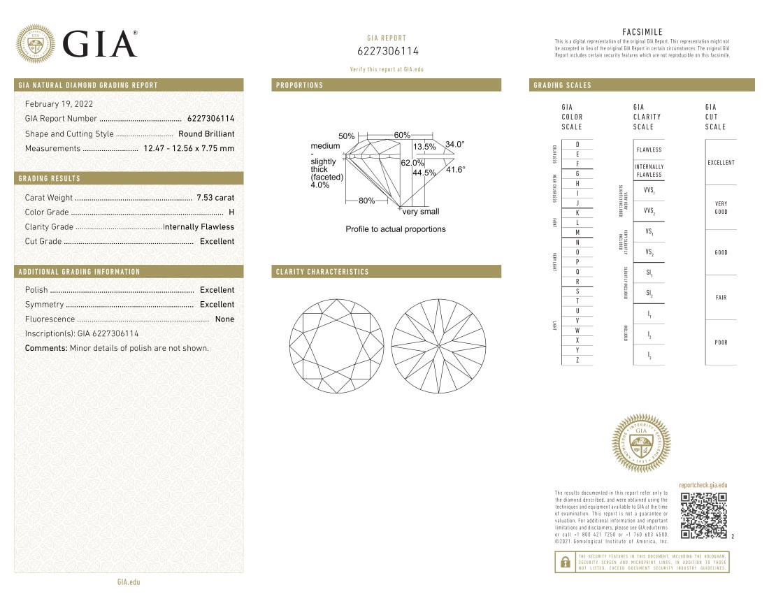 Taille ronde Bague en platine certifiée GIA 7.53 carats de diamants ronds à taille brillante en vente