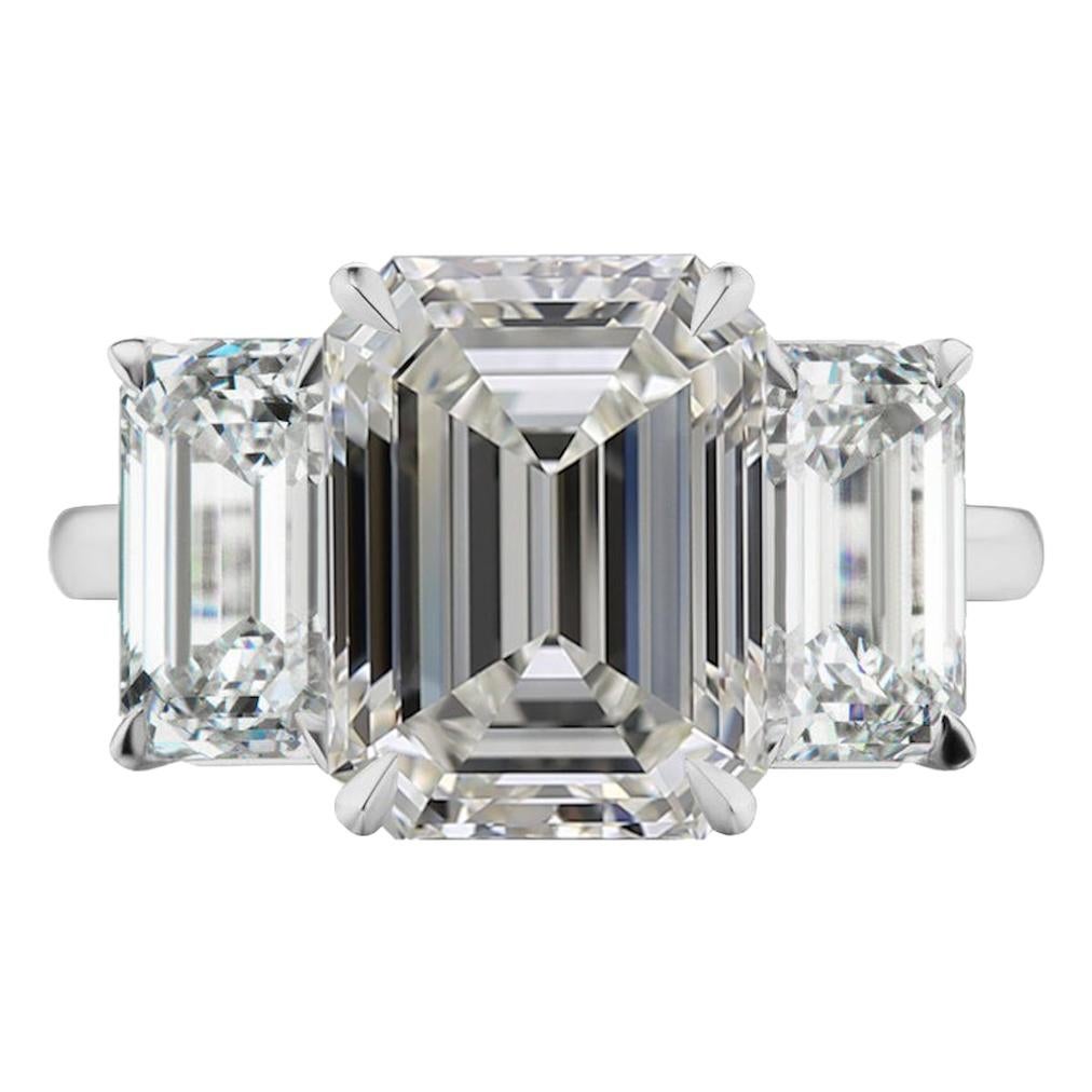 Flawless Hrd Antwerp 5.02 Carat Three-Stone Emerald Cut Diamond Platinum Ring
