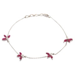 Flawless Ruby and Diamond Floral Charm Bracelet, 18K White Gold Ruby Bracelet 