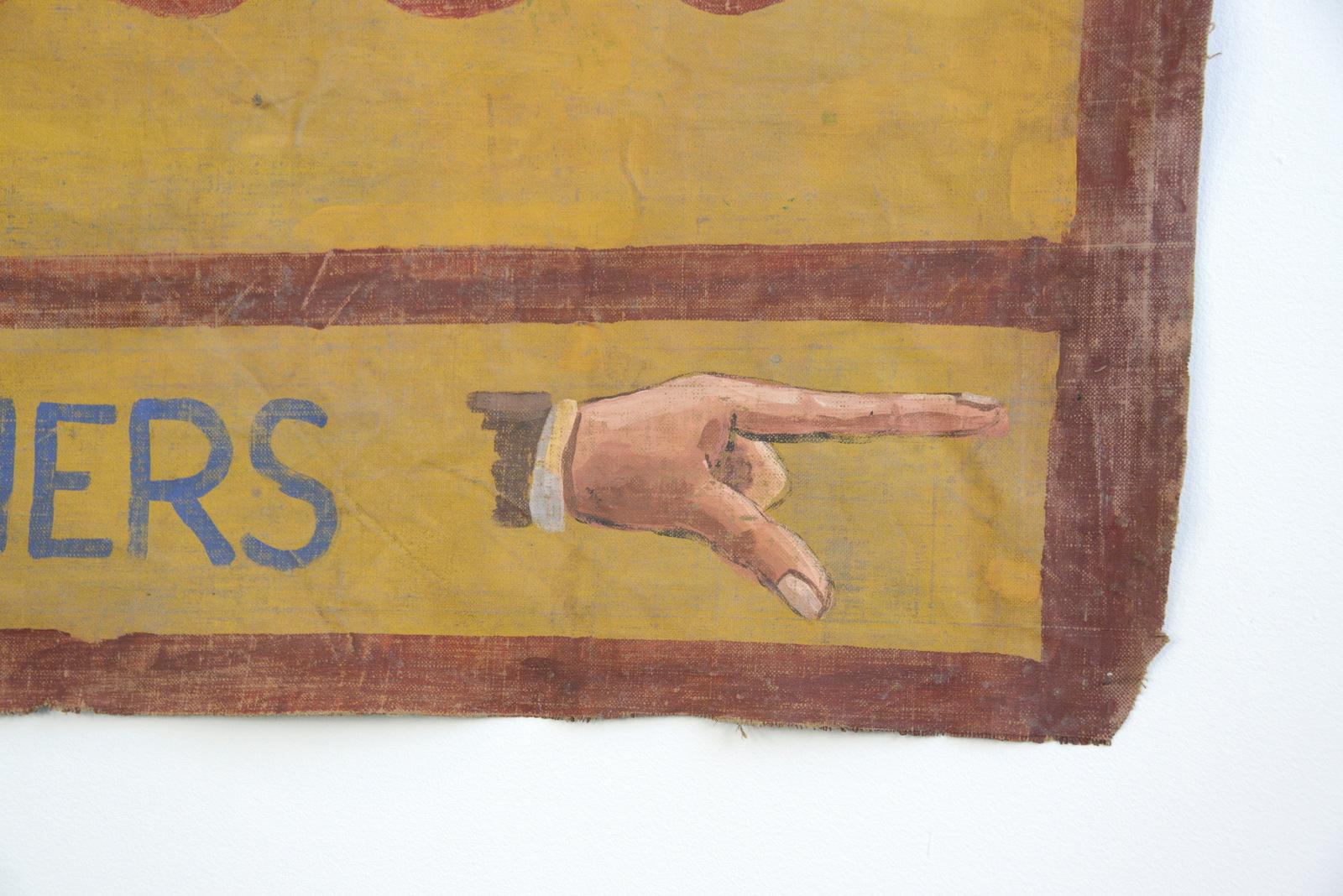 Flea circus canvas banner, circa 1950s

- Hand painted on heavy canvas
- English, 1950s
- Measures: 212 cm wide x 85 cm tall

Condition report

Some age marks and loose threads on a couple of edges.