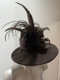 Flechet - Paris Rich Brown Fur Felt Fedora Hat w Wide Brim Tall Crown & Feathers