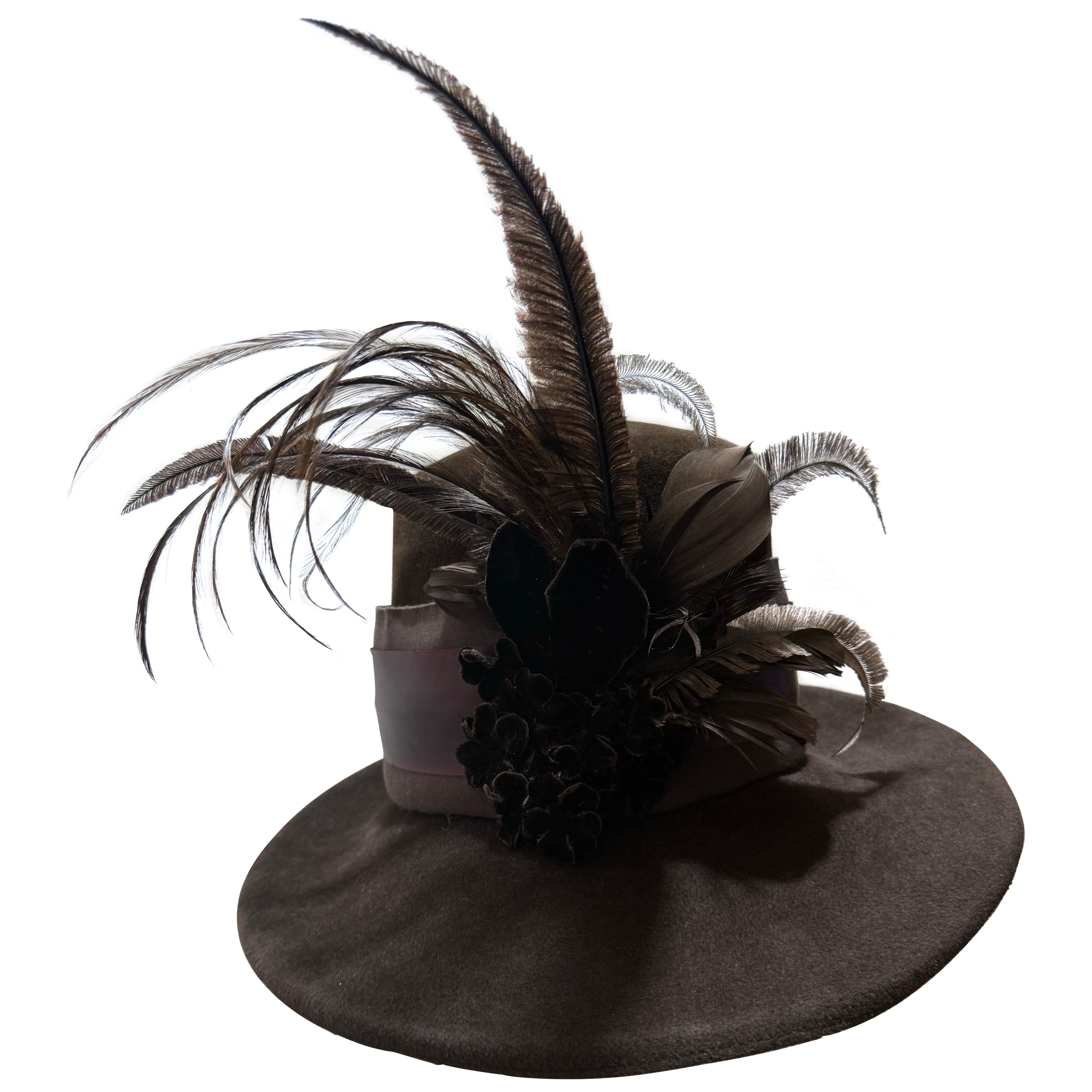 Flechet - Cappello Fedora in pelliccia marrone ricco di Parigi con corona alta a tesa larga e piume