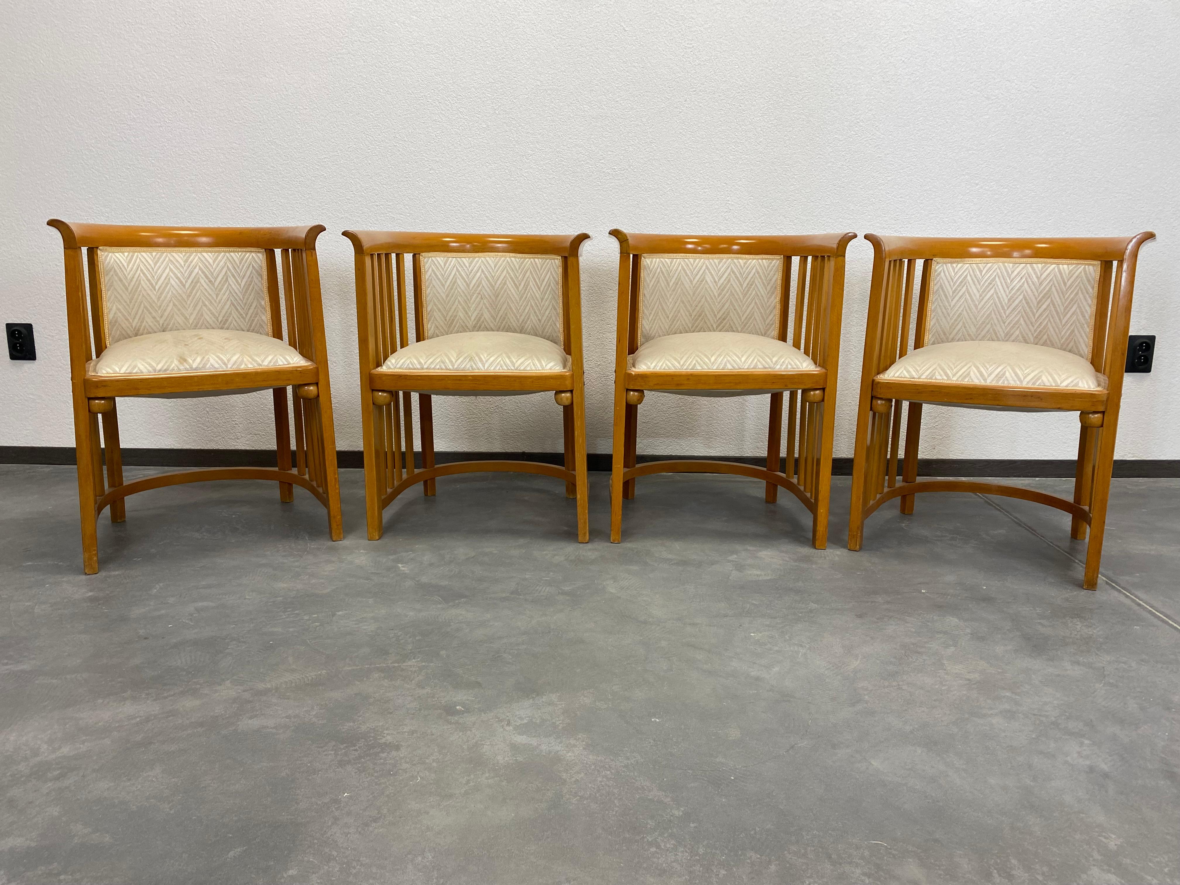 Fledermaus secession armchairs no.423 designed by Josef Hoffmann for the Fledermaus Cabaret in 1905. Made by J&J Kohn, beautiful original preservation, stains on two seats.