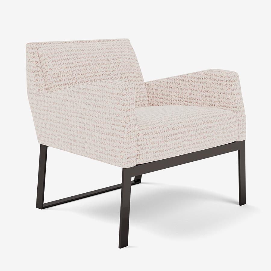 This Fleet Street lounge chair by Yabu Pushelberg is upholstered in Rue Cambon jacquard tweed, made of chenille & velour. Rue Cambon comes in 3 colorways from Italy with a composition of 43% Viscose, 29% Polyester, 15% Nylon, 13% Cotton, a weight of