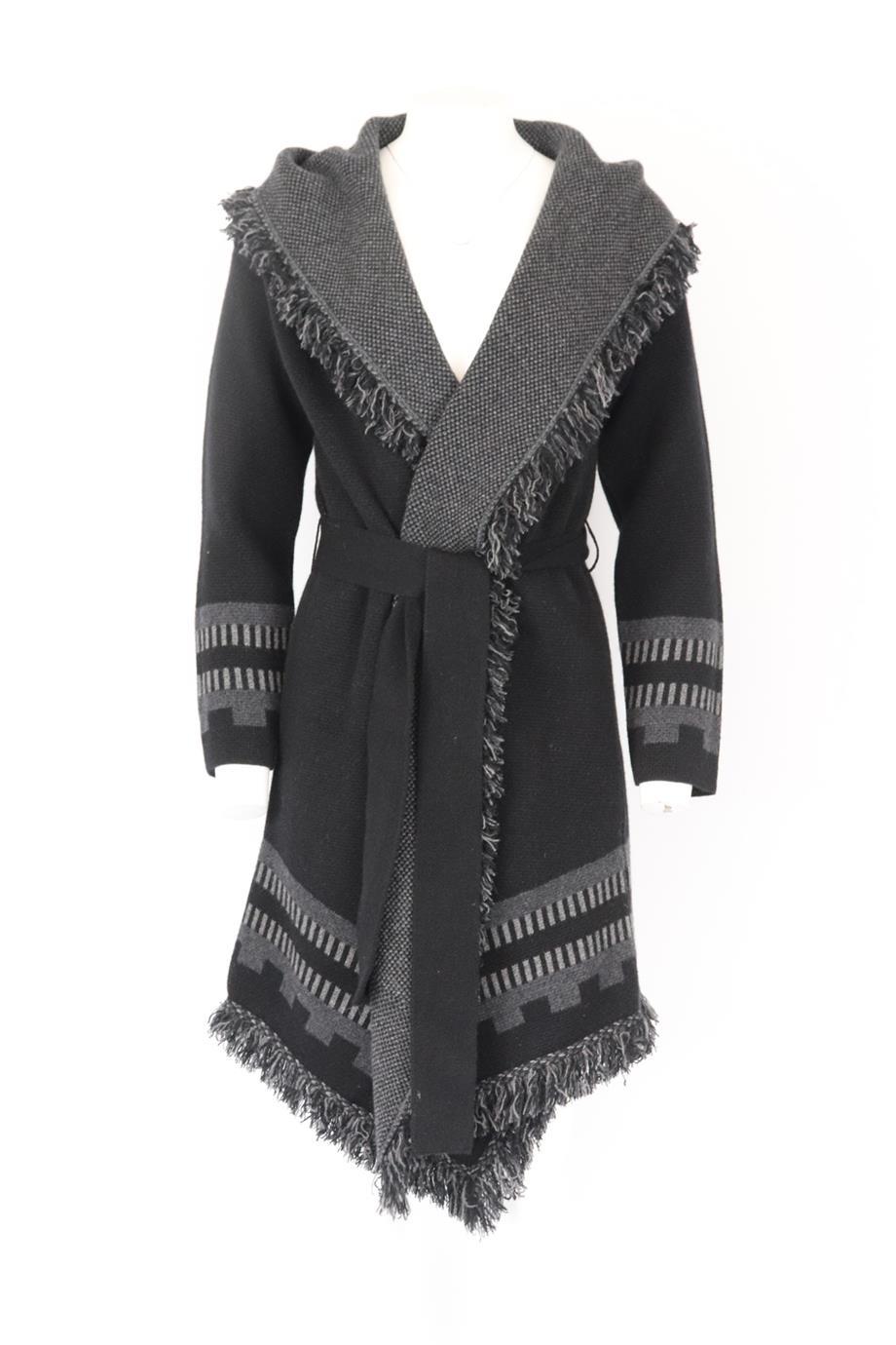 Fleetwood LA fringed jacquard knit cashmere cardigan. Black and grey. Long sleeve, v-neck. Belt fastening at front. 100% Cashmere. Size: XSmall-Small (UK 6-8, US 2-4, FR 34-36, IT 38-40). Bust: 39 in. Waist: 38 in. Hips: 41 in. Length: 35 in. Very