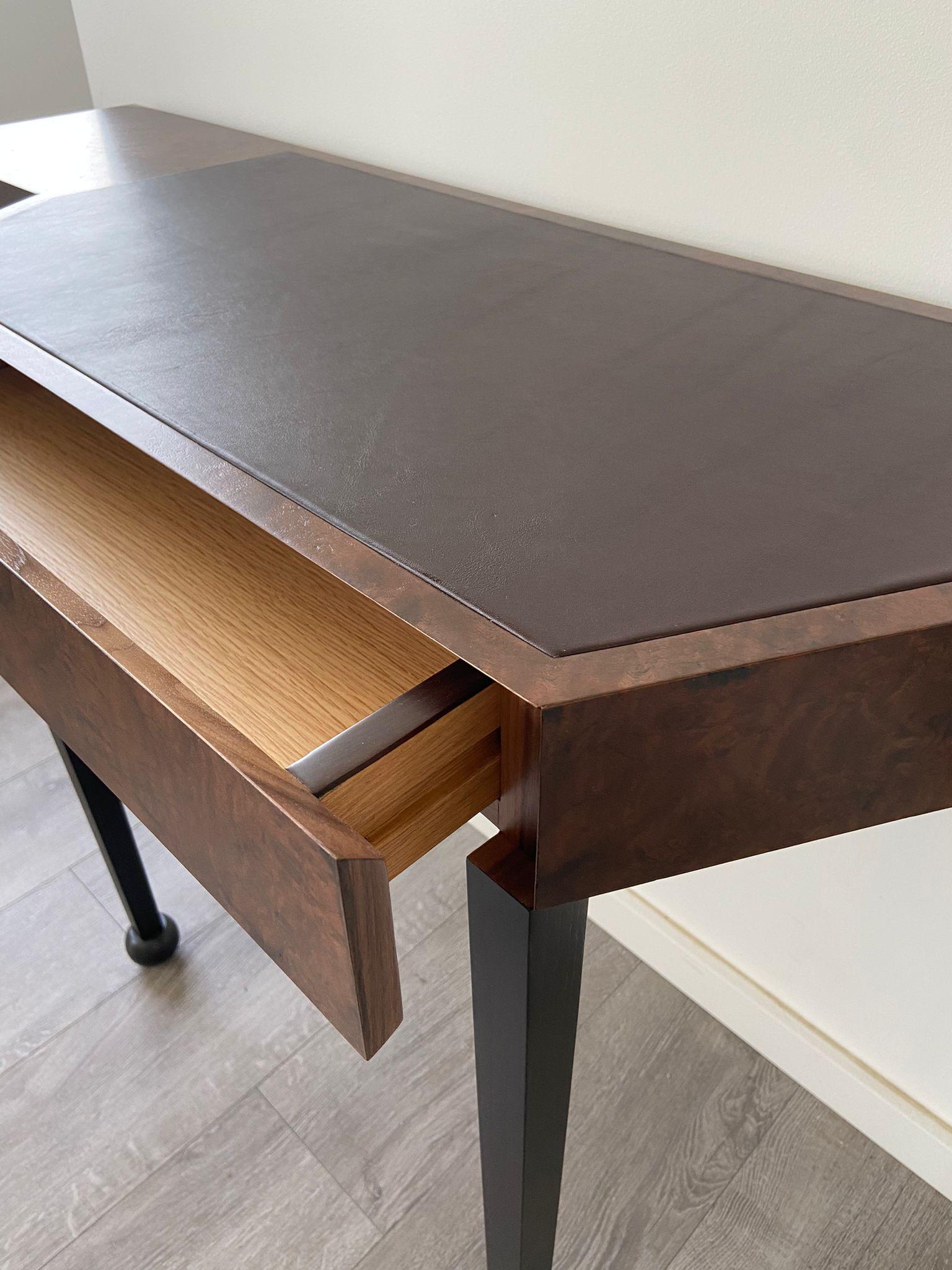 Veneer Desk Burr Walnut and Leather Desk with a Hidden Drawer  For Sale