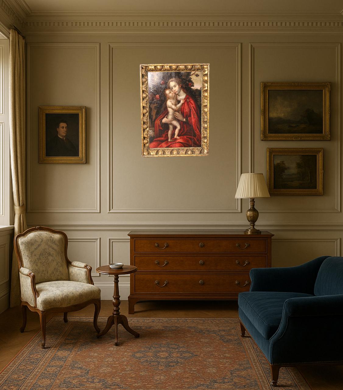 La Madone et l'enfant peinture à l'huile dans un jardin de roses - Flamand (École Ambrosius Benson)
Fin du XVIe siècle/début du XVIIe siècle Peinture à l'huile flamande sur panneau de chêne
Artistics & Background

Cette exquise peinture à l'huile de