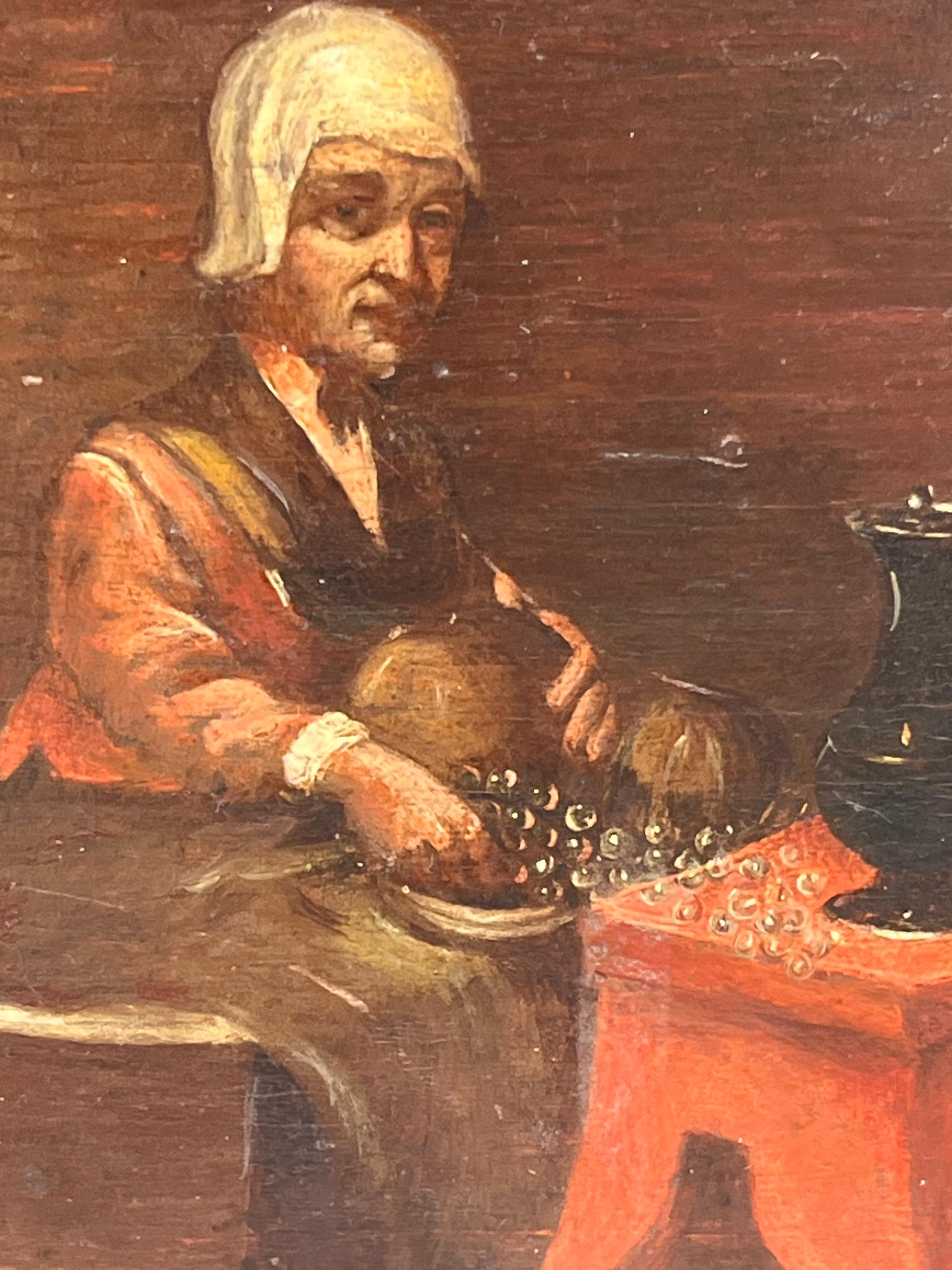 Flämische Genremalerei des 17. Jahrhunderts aus dem Umkreis von David Teniers dem Jüngeren (1610-1690).   

Dieses Kabinettgemälde, das eine Frau beim Erbsenschälen zeigt, stammt aus der flämischen Schule des 17. Jahrhunderts. Es wird dem Umkreis