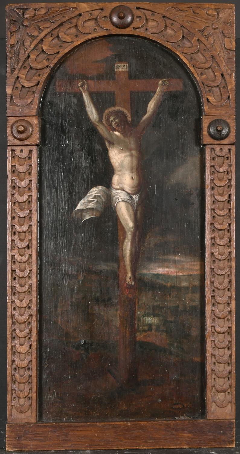 Flemish 17th century Figurative Painting - 17th CENTURY FLEMISH OLD MASTER OIL ON WOOD PANEL - THE CRUCIFIXION - WOODEN FRM
