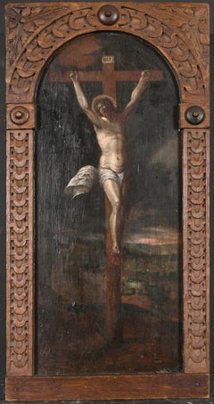 17th CENTURY FLEMISH OLD MASTER OIL ON WOOD PANEL - THE CRUCIFIXION - WOODEN FRM