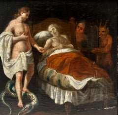 Biblical Allegorical Old Master Oil Painting Sick Man in Bed Serpent & Figures