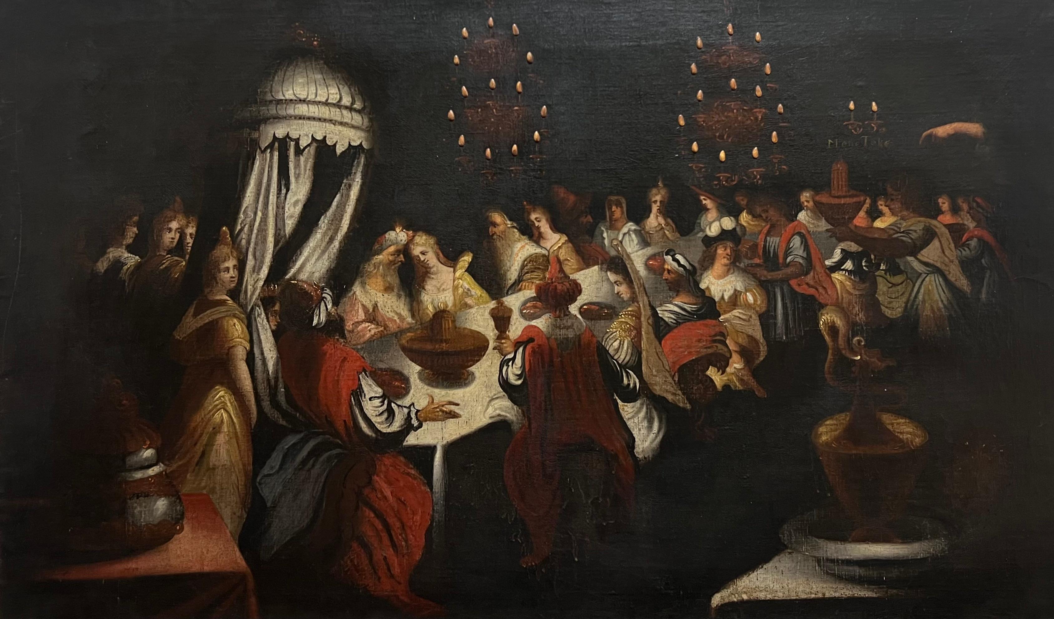 The Feast of Belshazzar Riesiges Ölgemälde eines flämischen Altmeisters aus dem 17. (Schwarz), Figurative Painting, von Flemish 17th century