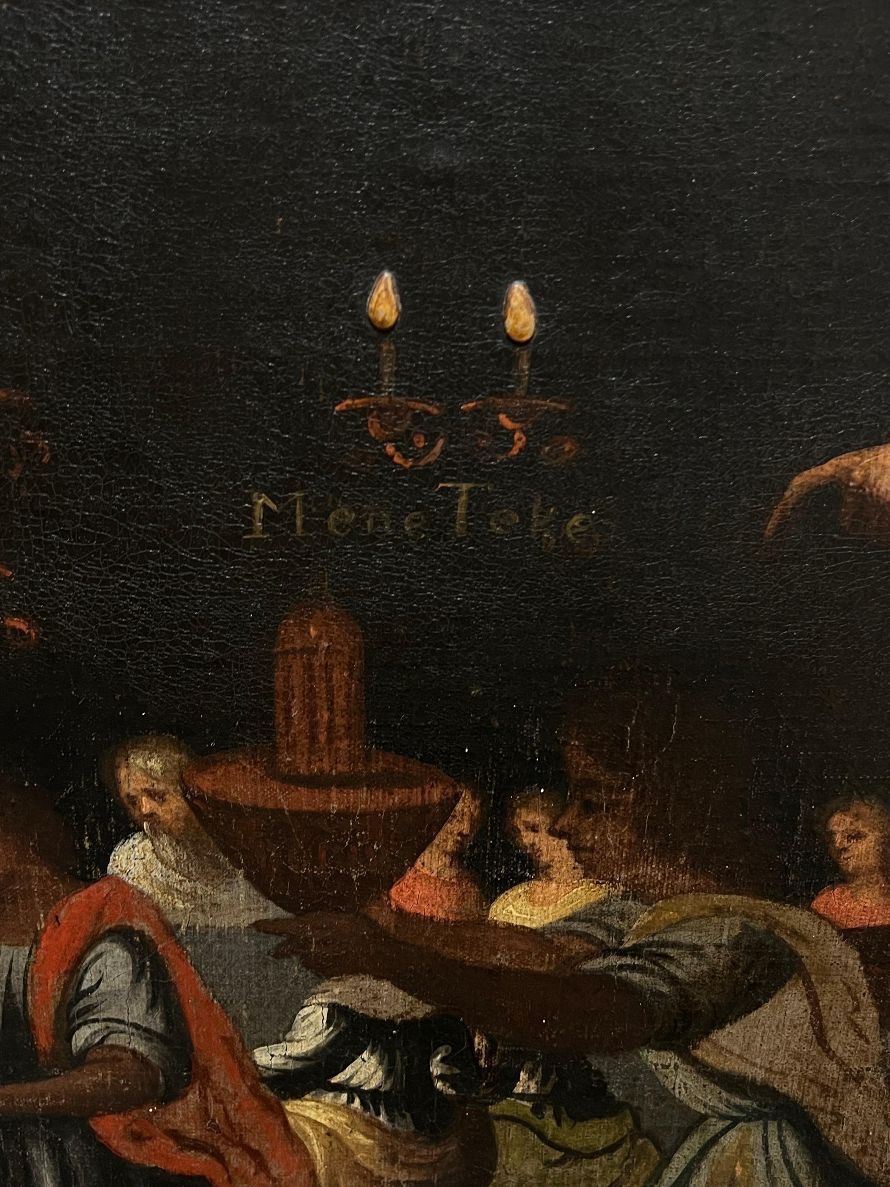 Das Fest des Belsazar
Flämischer Alter Meister, 17. Jahrhundert
Öl auf Leinwand, gerahmt in antikem, geschnitztem Goldholzrahmen
Gerahmt: 40 x 64 Zoll
Leinwand : 34 x 60 Zoll
Provenienz: Privatsammlung, The Cotswolds, England
Zustand: einige
