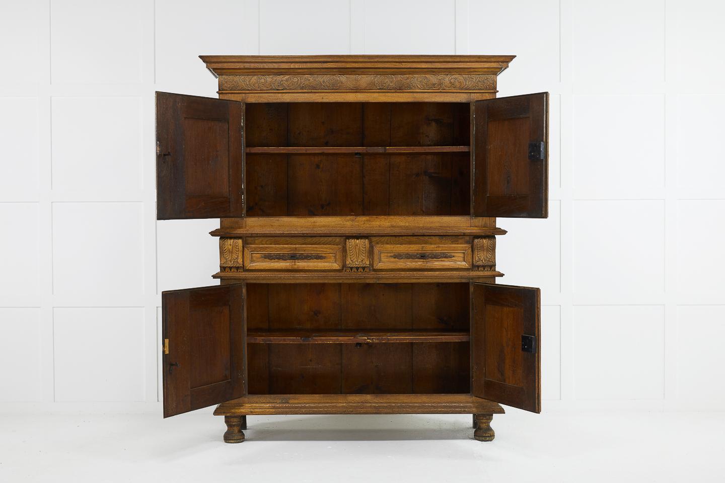 Belgian Flemish 17th Century Carved Oak Cabinet For Sale