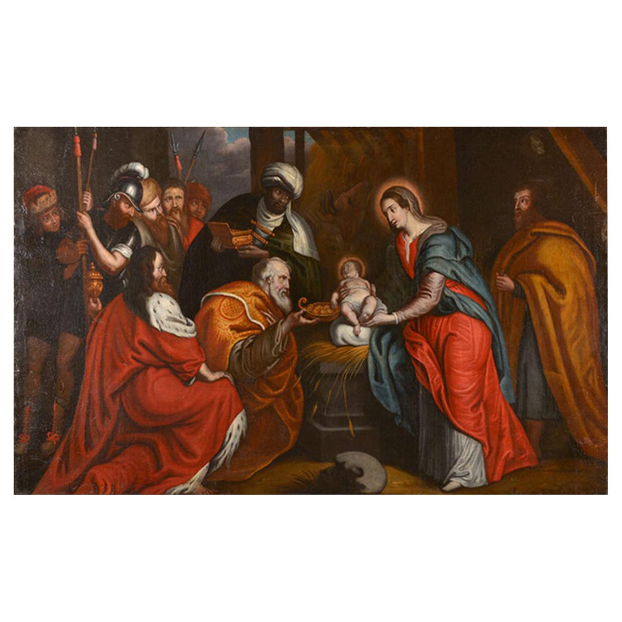 Flemish 17. Jahrhundert Öl auf Leinwand Gemälde der Anbetung der Könige im Angebot