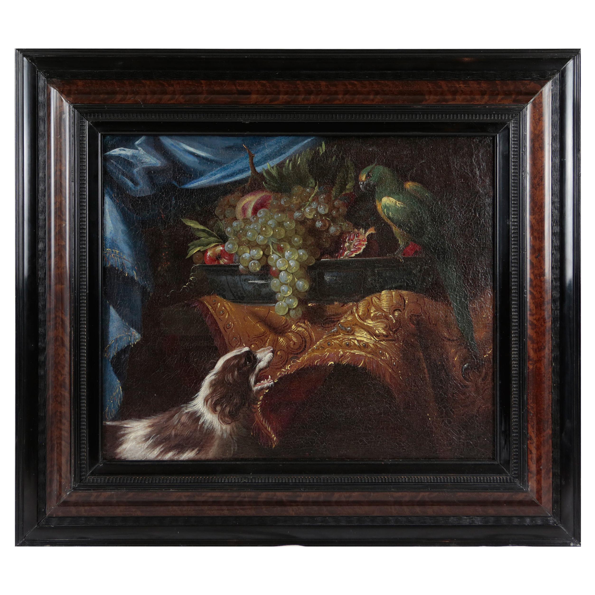 Flemish 17th Century Oil Painting with Dog & Parrot, Still Life Painting, Framed For Sale
