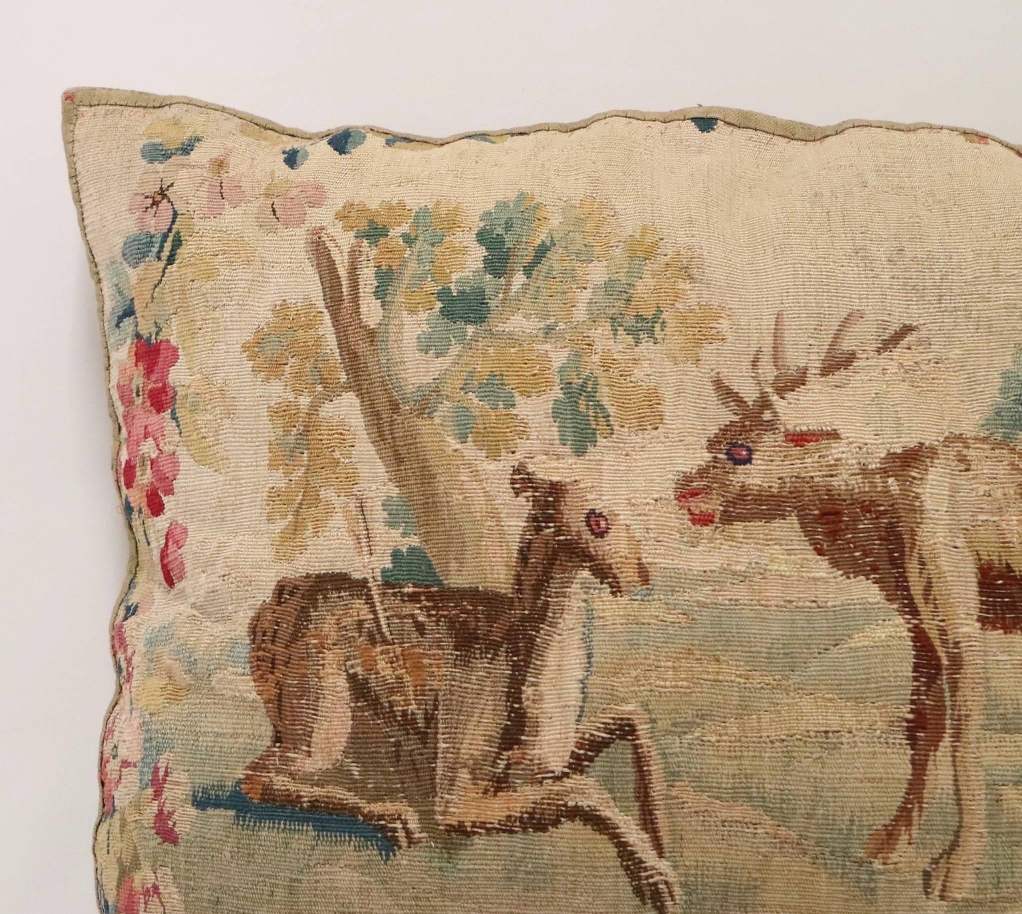 Baroque Flemish 17th Century Tapestry Pillow in Cotton and Silk