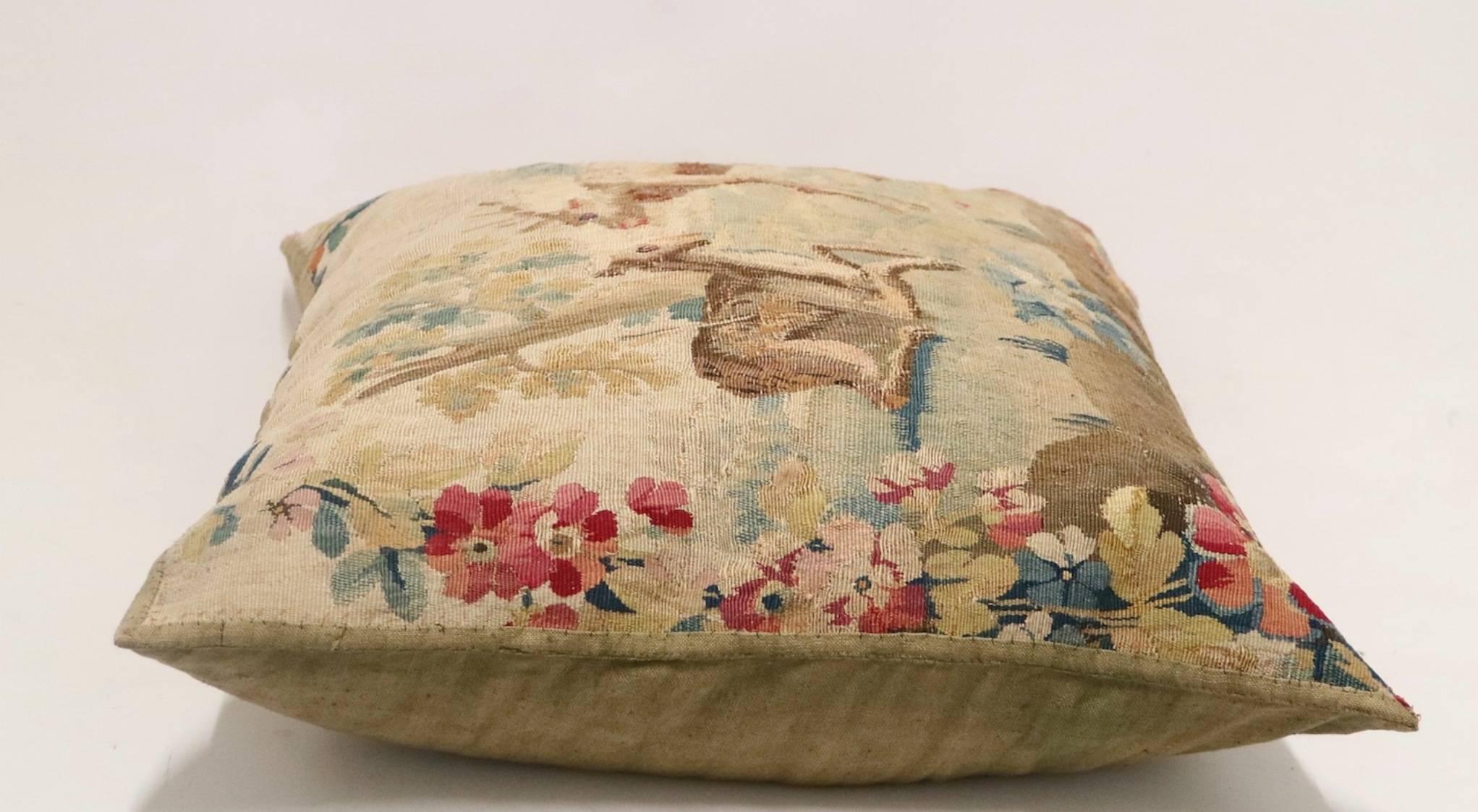 Dutch Flemish 17th Century Tapestry Pillow in Cotton and Silk