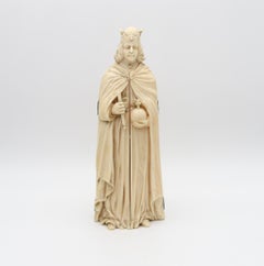 Flemish 1850 geschnitzte Skulptur Triptychon von Kaiser Karl dem Großen thront