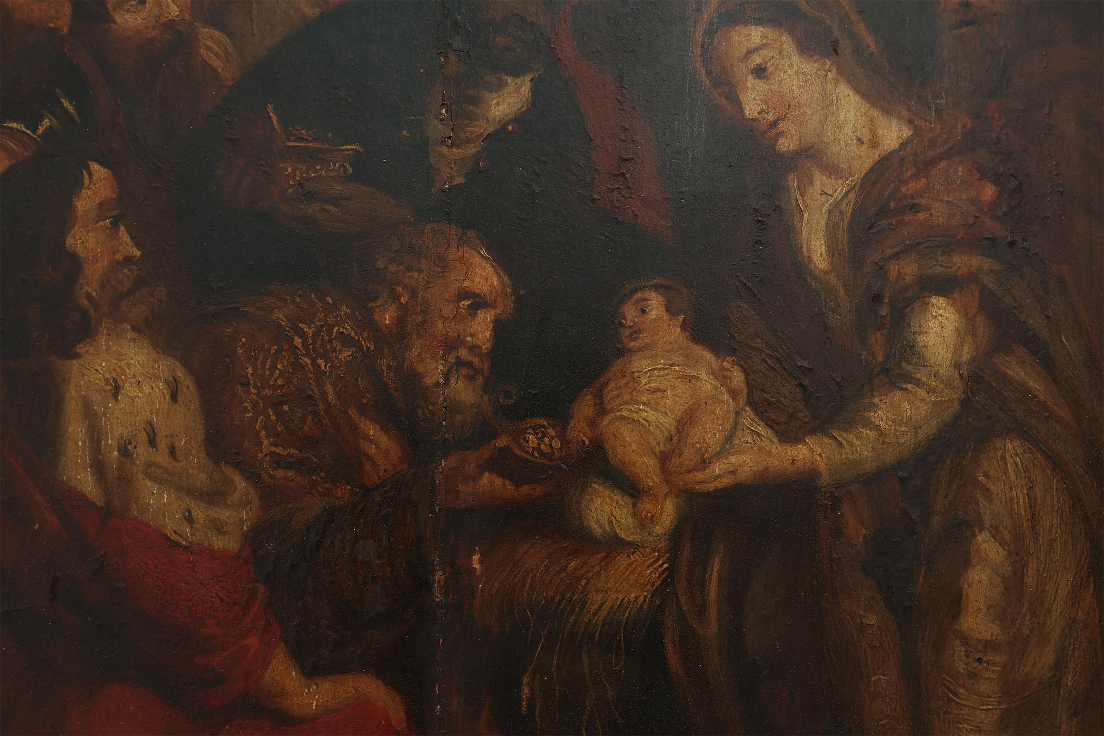 Flämisch 18. Jahrhundert gerahmte religiöse Öl auf Holz Gemälde Anbetung der Könige (Barock) im Angebot