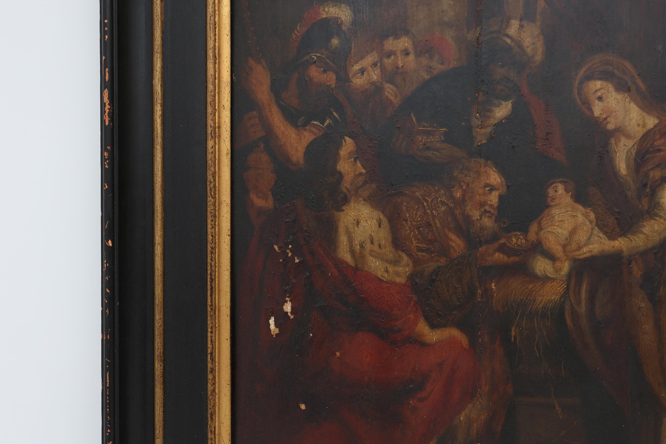 Flämisch 18. Jahrhundert gerahmte religiöse Öl auf Holz Gemälde Anbetung der Könige (Belgisch) im Angebot