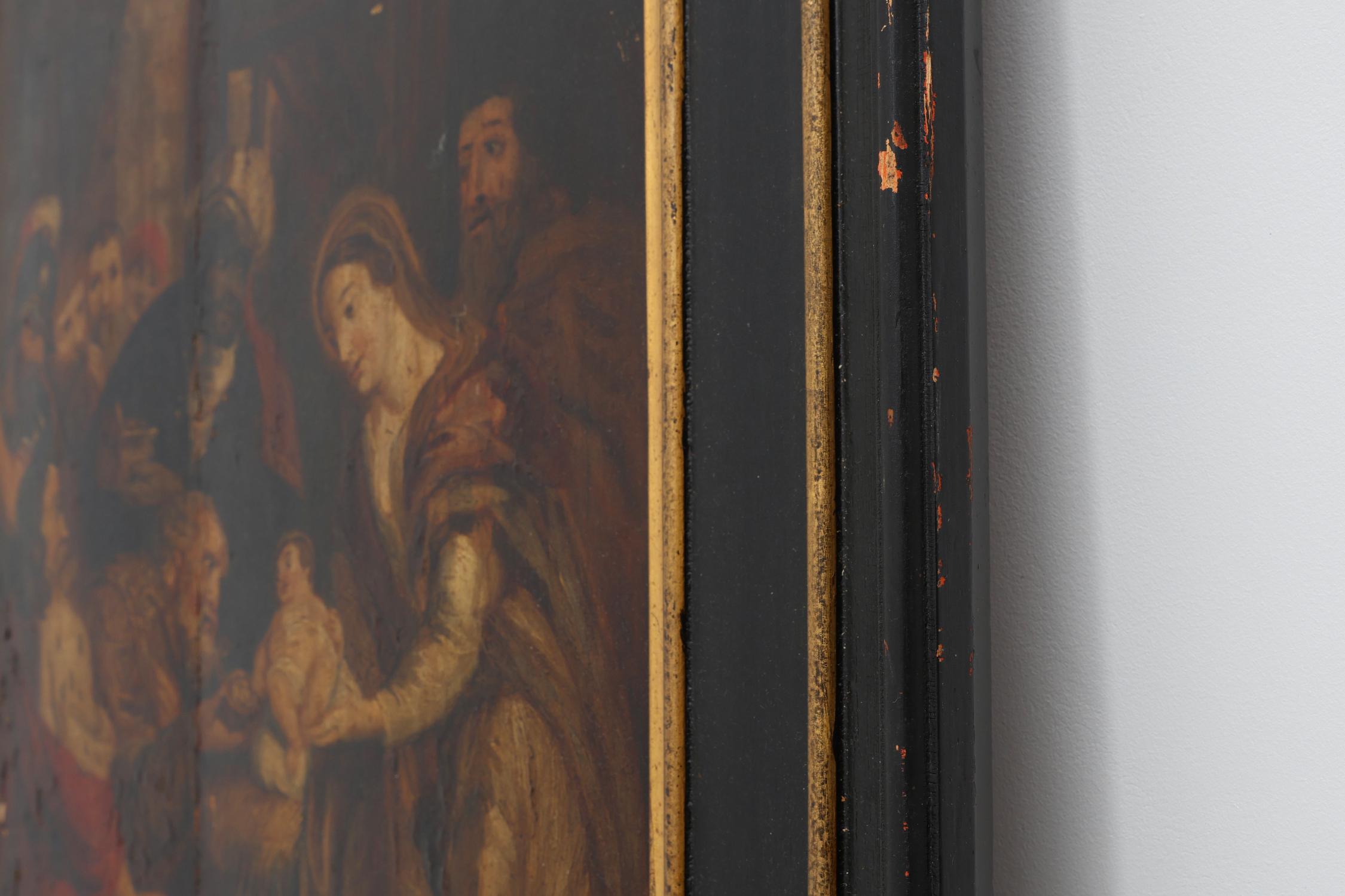 Flämisch 18. Jahrhundert gerahmte religiöse Öl auf Holz Gemälde Anbetung der Könige (18. Jahrhundert und früher) im Angebot