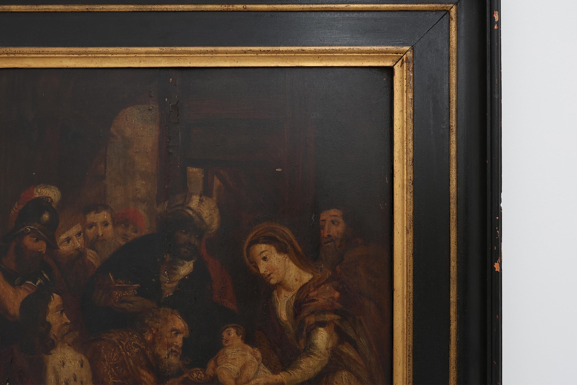 Flämisch 18. Jahrhundert gerahmte religiöse Öl auf Holz Gemälde Anbetung der Könige im Angebot 2