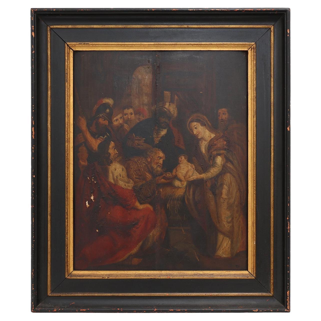 Flämisch 18. Jahrhundert gerahmte religiöse Öl auf Holz Gemälde Anbetung der Könige