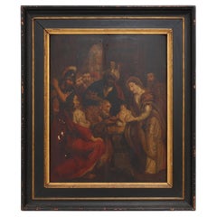 Antique Flemish 18th century framed religious oil on wood painting Adoration of the Magi
