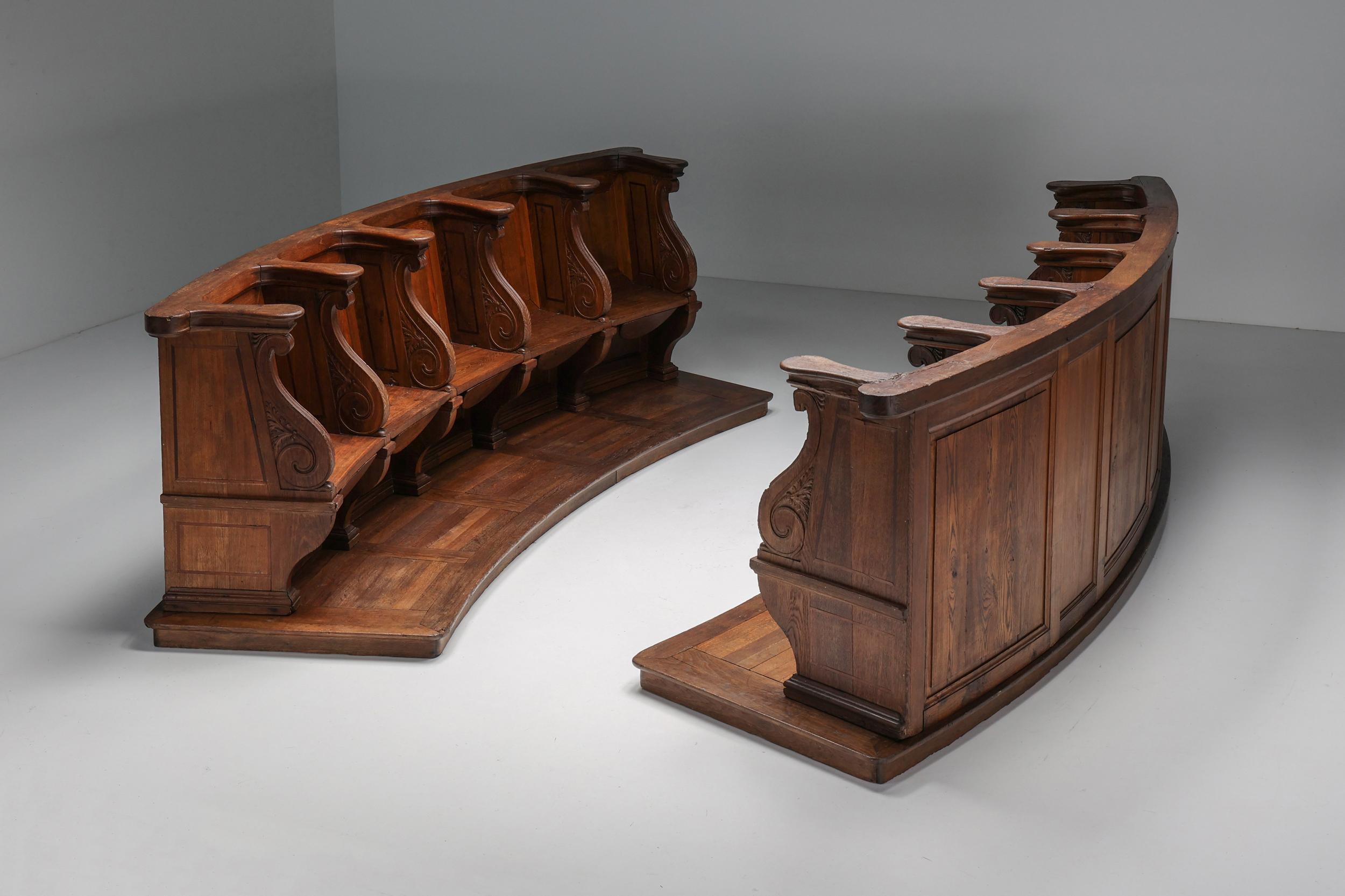 Flemish; oak; wood; pews; 18th century; church pew; belgium; hallway; bench; antique; pew; folding seats;

Flemish 18th century church pews, crafted from thick and solid oak wood. A remarkable and unusual piece, featuring curved sides and carved