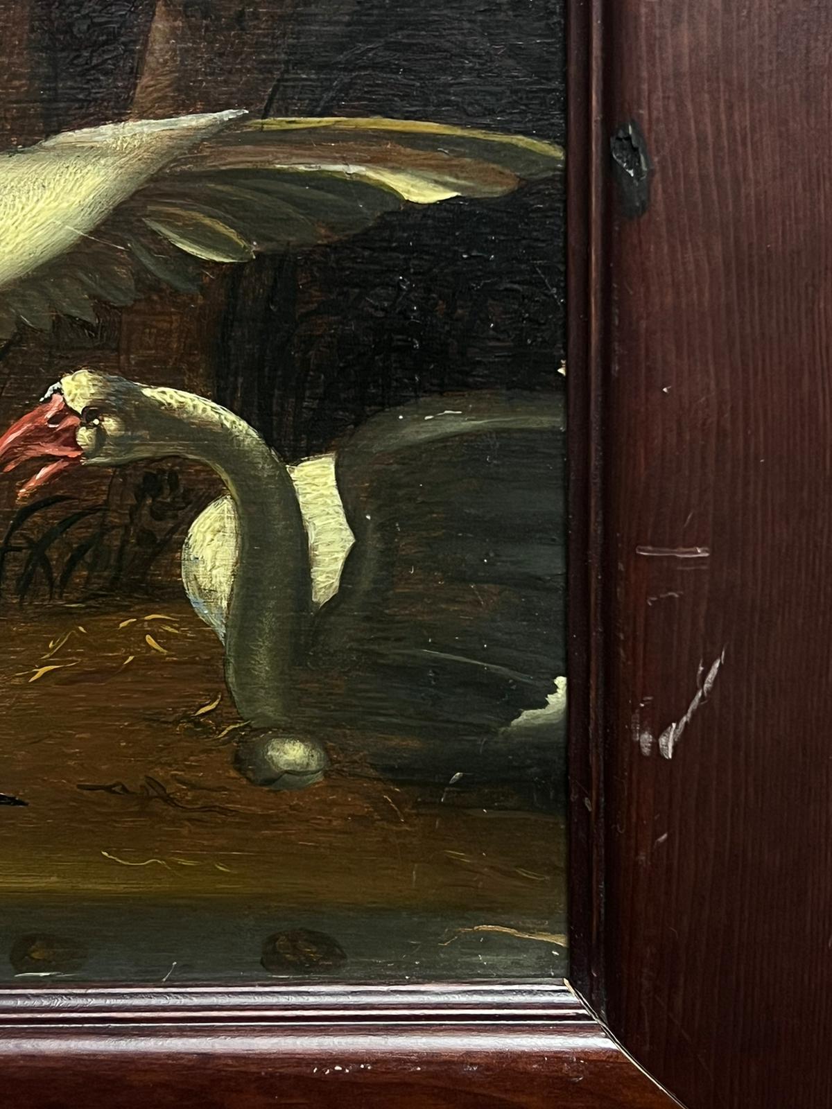 Antique Flemish 18th Century Oil Painting Swans Frightened by Dog in Landscape For Sale 4
