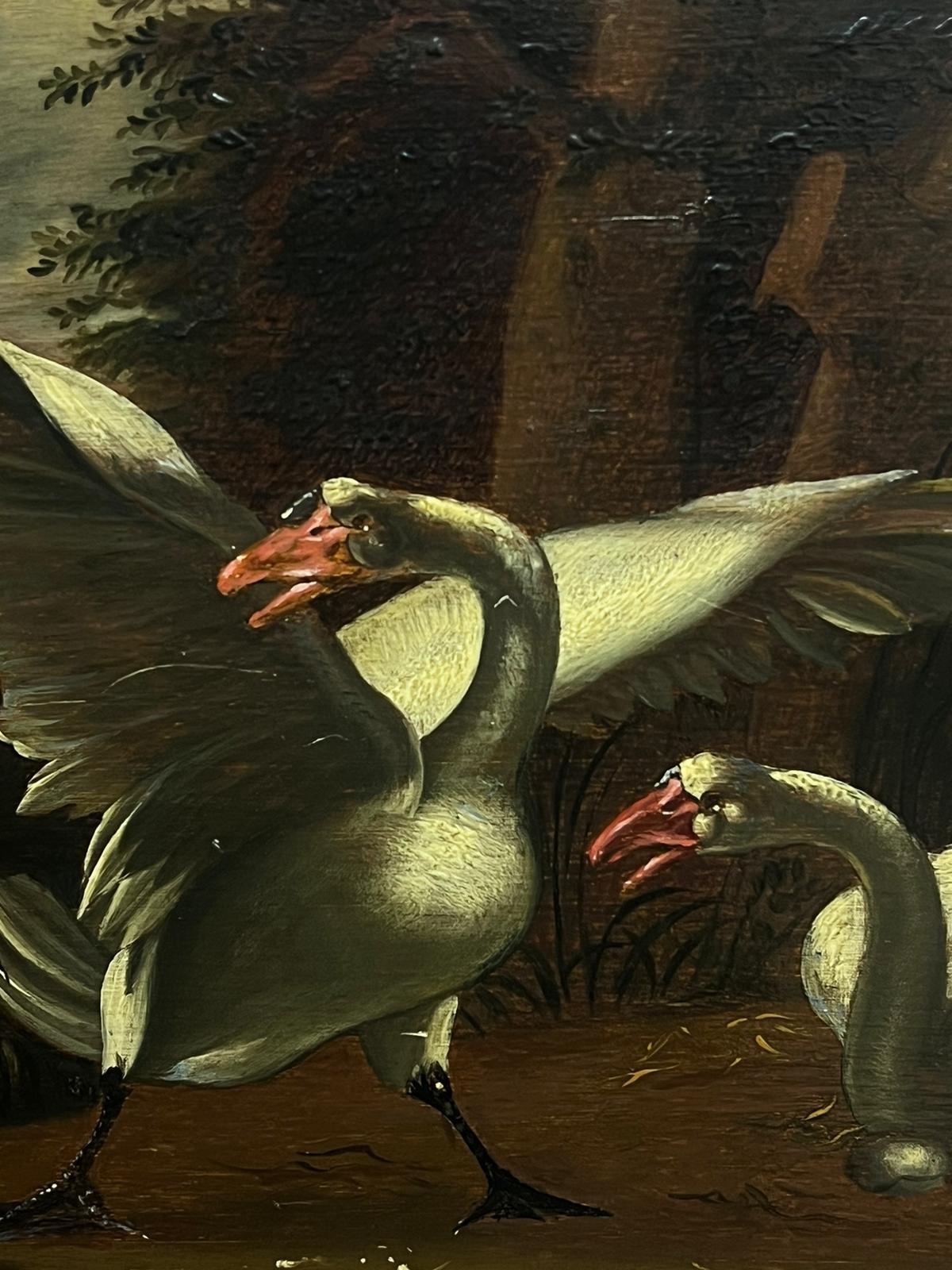 Antique Flemish 18th Century Oil Painting Swans Frightened by Dog in Landscape For Sale 4