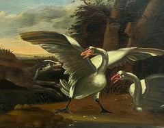 Antique peinture à l'huile flamande du 18e siècle Swans effrayés par un chien dans un paysage