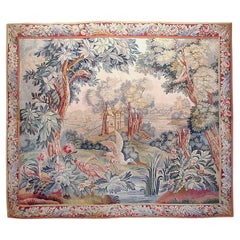 Flemish 19th Century Green Tapestry  6'2 x 5'3